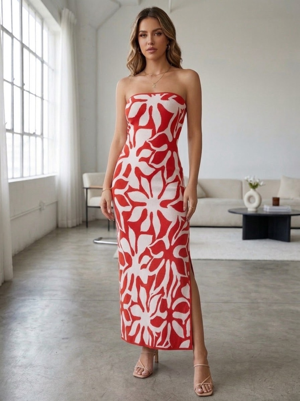 House of Harlow 1960 Strapless Red & White Floral-Print Maxi Dress
